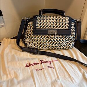 Salvatore Ferragamo Black and Cream Woven Satchel